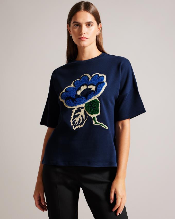 T-Shirt Ted Baker Boxy With Appliqué Flower Bleu Marine Femme | REC-03126571